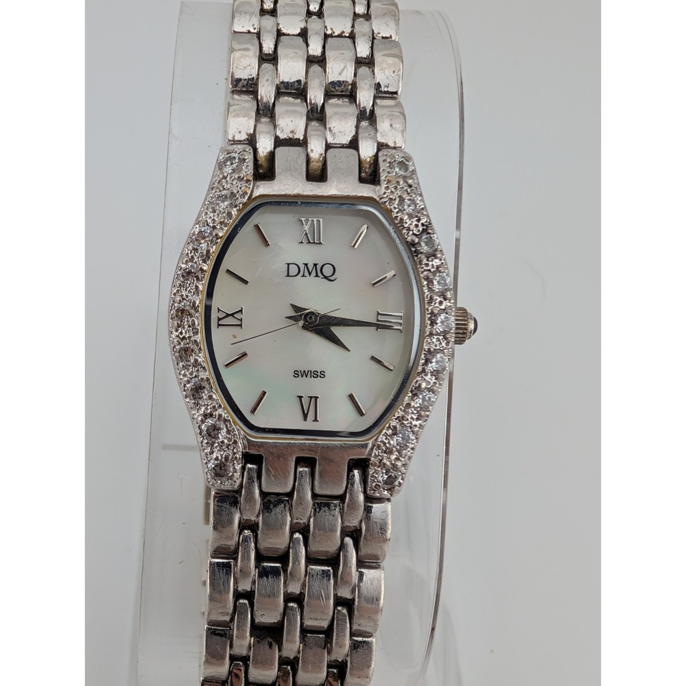 DMQ Watch Women 22mm Silver Crystal Accents MOP Dial 7.75" Band-‎ New Battery